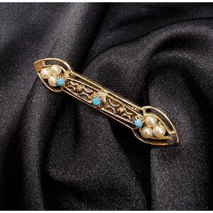 Vintage Gold-Tone Bar Brooch With Faux Pearls & Turquoise Accents